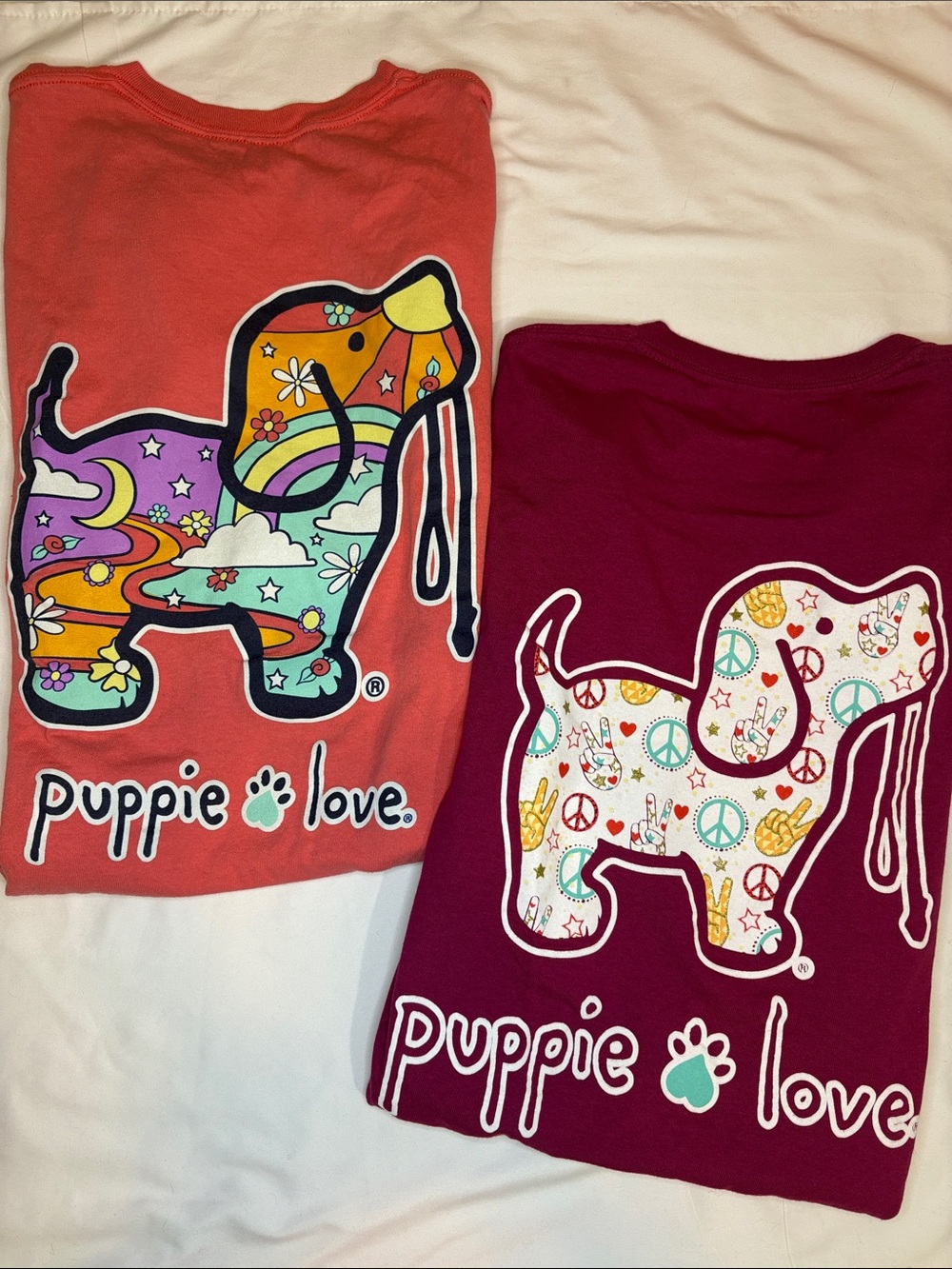 Bundle Two Pack Puppie Love Medium Tees Dog Lover Girly Peace Sign Rainbow Star